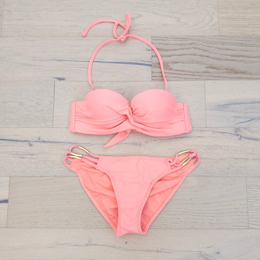 PilyQ Bikini Set Small Pink Bandeau Twist Gold Hardware Swim Beach Resort Luxe